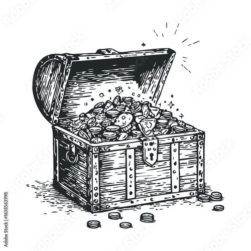 Open treasure chest overflowing with gold and gems in vintage style drawing