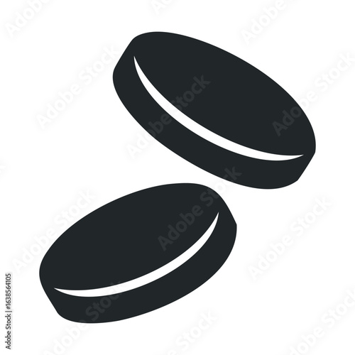 Silhouette of two overlapping black hockey pucks with white stripe detail