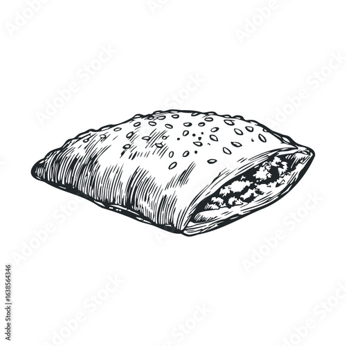 Detailed black and white drawing of a stuffed pastry with textured crust