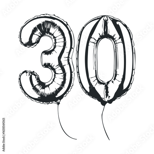 Illustration of number 30 balloons in black and white, celebrating a milestone birthday or anniversary