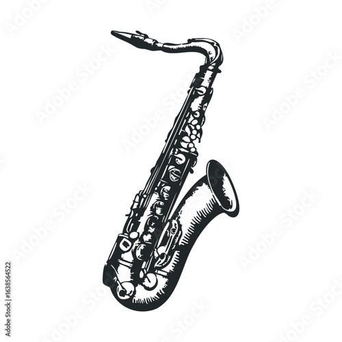 Vintage saxophone illustration with detailed black and white design