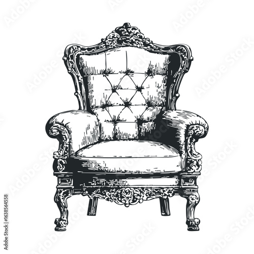 Vintage ornate armchair illustration with intricate details and classic design