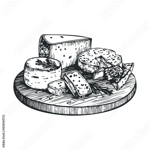 Assorted cheese platter with brie, cheddar, and blue cheese illustrations