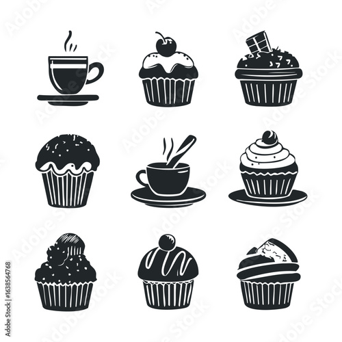 Assorted cupcake and coffee icons in monochrome style featuring various toppings