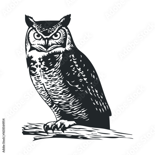Detailed black and white illustration of a great horned owl on a branch