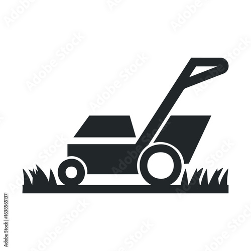 Black silhouette of lawn mower cutting grass on white background