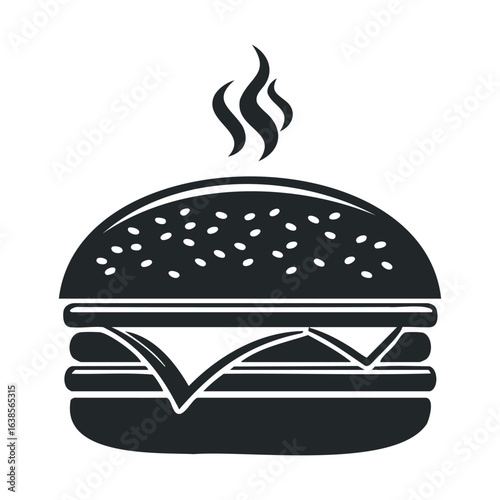 Hot cheeseburger icon with steam and sesame seed bun in black and white