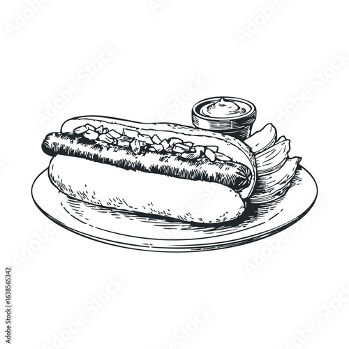 Illustration of a classic hot dog with onions and dipping sauce on a plate
