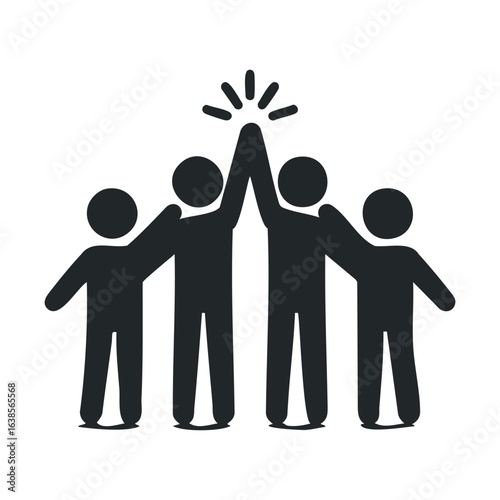 Team unity: four stick figures celebrating success together