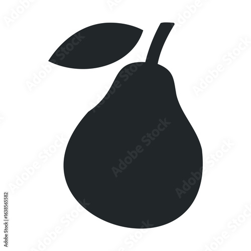 Minimalist black pear silhouette with leaf on white background