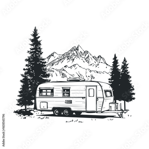 Vintage camper trailer amidst mountain landscape with pine trees