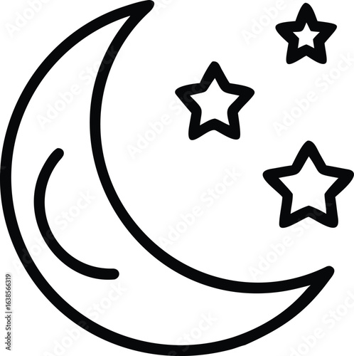 Crescent moon with three stars simple outline graphic night