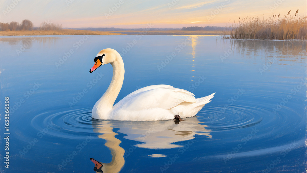 Fototapeta premium Swan gliding gracefully across calm waters at sunrise