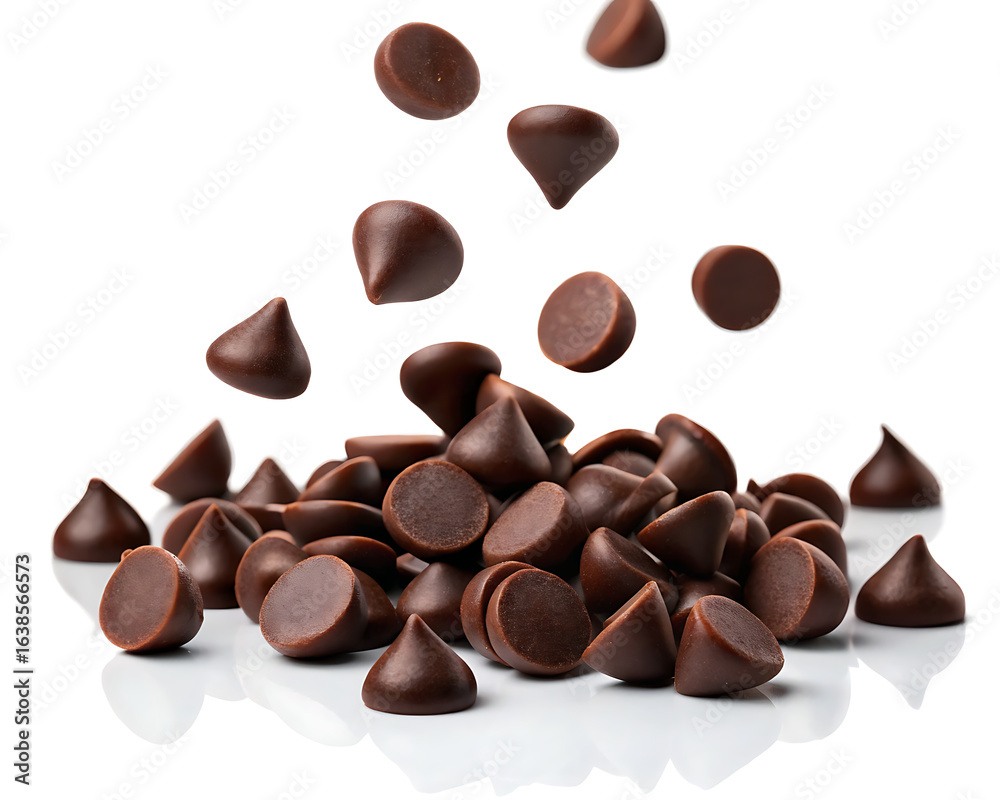 Fototapeta premium A close up shot of falling chocolate chips and a pile of chocolate chips on a white background surface