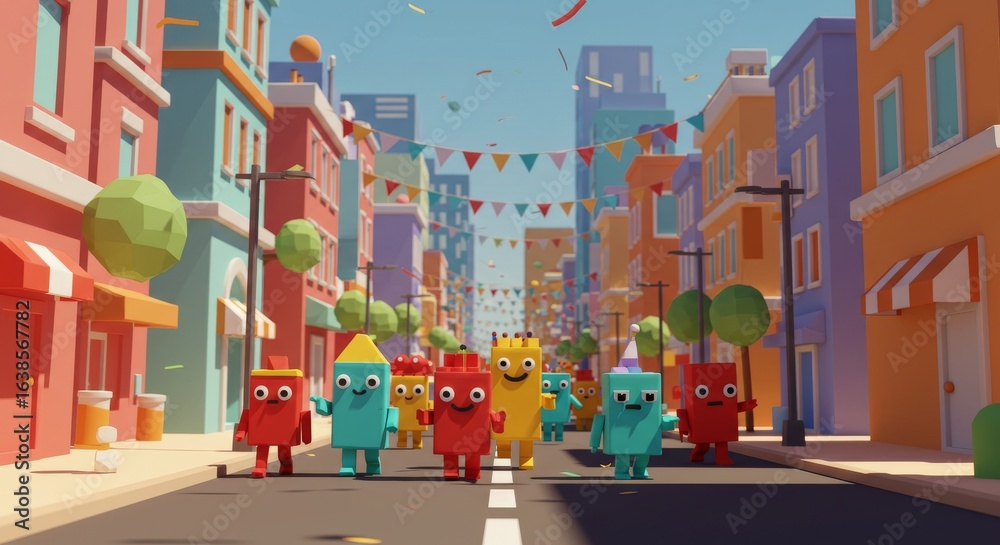 Naklejka premium Cartoon Characters Parade Through Colorful City