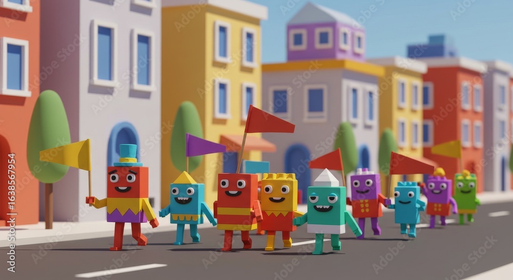 Naklejka premium Colorful Cartoon Characters Marching Through City