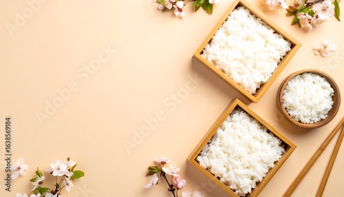Wallpaper Mural Cooked rice in wooden bowls surrounded by cherry blossoms on a neutral background Torontodigital.ca