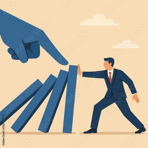 Vector art of man stopping domino effect with hand for risk management
