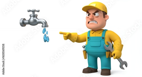 Cartoon plumber frustrated with dripping faucet
