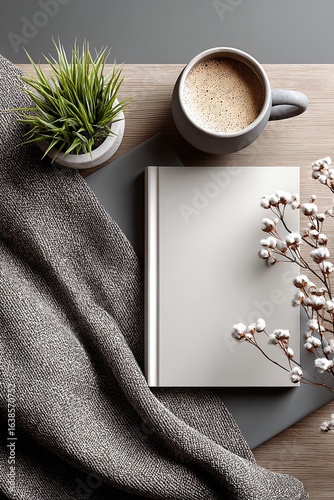 Mockup of white magazine page on table next to coffee mug and plant