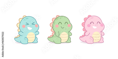 Funny Kawaii Baby Dinosaurs characters in psatel soft colors design. Cartoon Dinosaurs happy and cute boys with pink baby girl. Kawaii dino caracters perfect for kids prints design. Editable vector