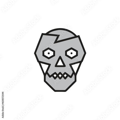 Stylized geometric skull icon with cracked forehead on white background skeleton bone