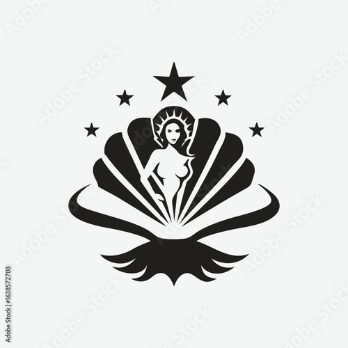 Black Silhouette of Woman in Seashell with Stars and Crown Emblem female figure