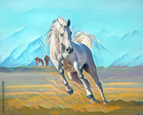Grey dapple Quarter horse mare runs in open grass pasture. Stylized digital photo art.