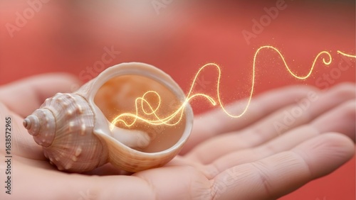 A magical and whimsical concept of a seashell held in a hand, with a glowing, golden thread or line of light and particles emerging from within.
