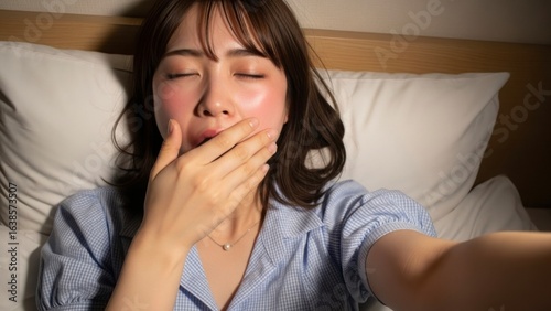 ビデオ通話中に大きなあくび、眠そうなほろ酔い女性