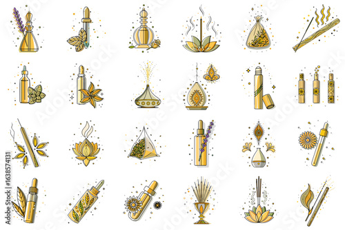 Aromatherapy icon set for blogs, websites, clipart, wellness, spa, relaxation, essential oils, educational and awareness materials, presentations