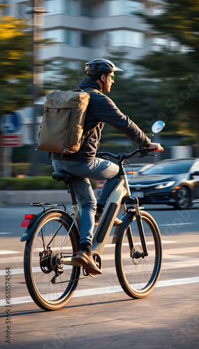 A person rides an electric bicycle on the road, with a large backpack. The person is wearing a helmet and looks confident while navigating urban traffic.
