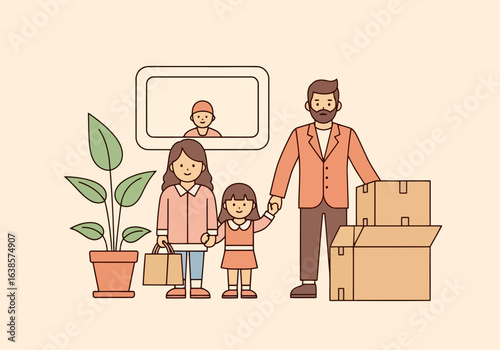 Family with two children and packed boxes, ready for moving into a new home, isolated on beige background