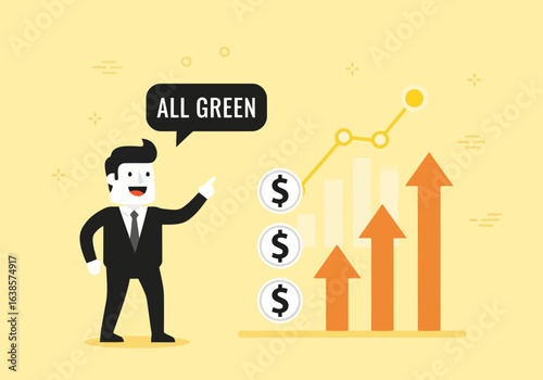 Businessman pointing at a rising financial chart with arrows and dollar coins, indicating business growth and profitability