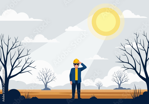 An engineer wearing a hard hat stands in a dry, hot landscape under a bright sun, shielding his eyes from the intense heat and glare