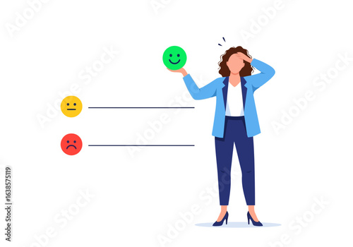 Woman holding a green smiley face emoticon, with yellow and red emoticons nearby, isolated on white background