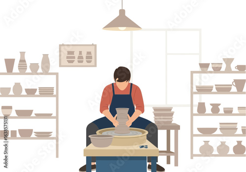 Potter working on a pottery wheel in a studio filled with shelves of ceramic pots and vases, isolated on white background