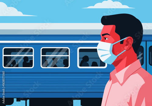 Man wearing a face mask on a train, symbolizing public transport safety and health precautions during travel