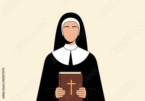A nun in traditional religious attire holding a holy bible with a cross symbol, illustration