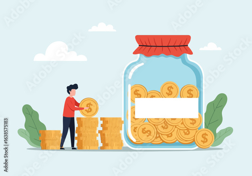 Man putting coins into a savings jar, symbolizing financial growth and wealth accumulation