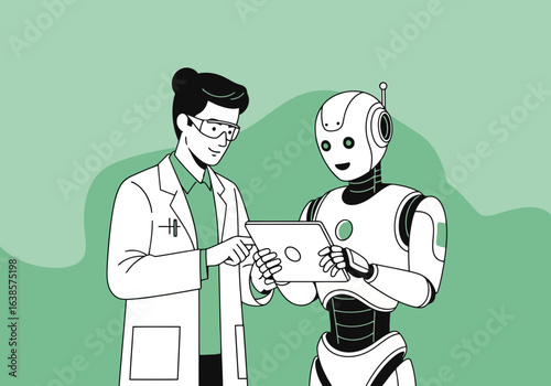 Scientist and robot collaborating on a tablet, representing ai and future technology development in a research setting