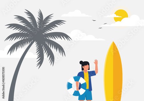 Young woman with a surfboard and a lifebuoy on a sunny beach with a palm tree and the sun in the sky