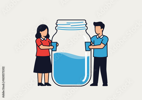 A man and a woman sharing a large glass jar filled with water, representing hydration, health, and communal refreshment