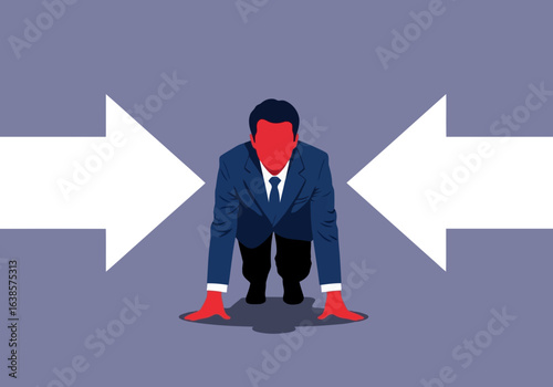 Businessman in starting position with arrows pointing from left and right, representing choice and decision making