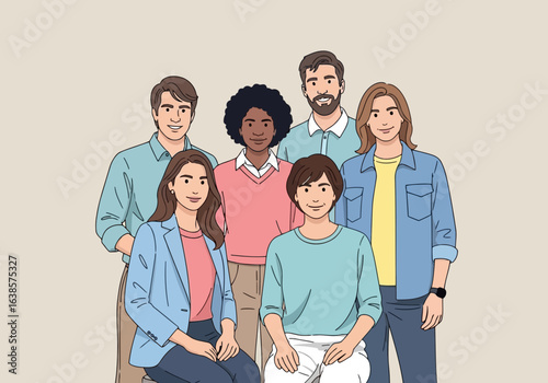 A diverse group of six people, including men and women of various ethnicities, posing together in a friendly and collaborative manner