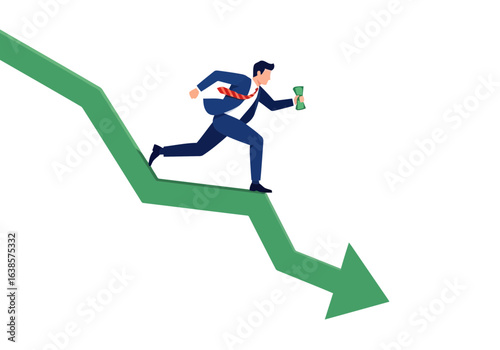 Businessman running down a falling green graph, symbolizing financial crisis and economic decline isolated on white background