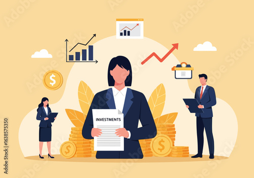 Business people discussing investments and financial growth with charts, graphs, and stacks of coins symbolizing wealth and success in the corporate world