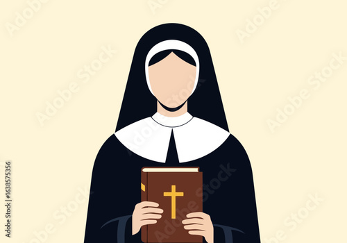 Nun holding a bible with a cross, wearing traditional habit and veil