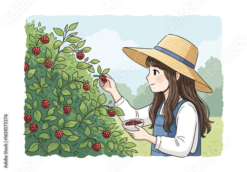 A young girl wearing a straw hat happily picking fresh raspberries from a lush green bush in a sunny garden during the summer harvest season