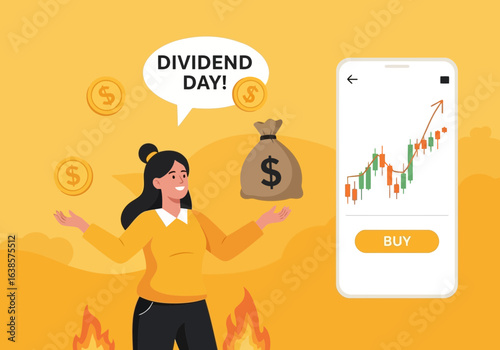 Woman celebrating dividend day with money bag and stock market graph on phone screen, representing financial growth and investment success